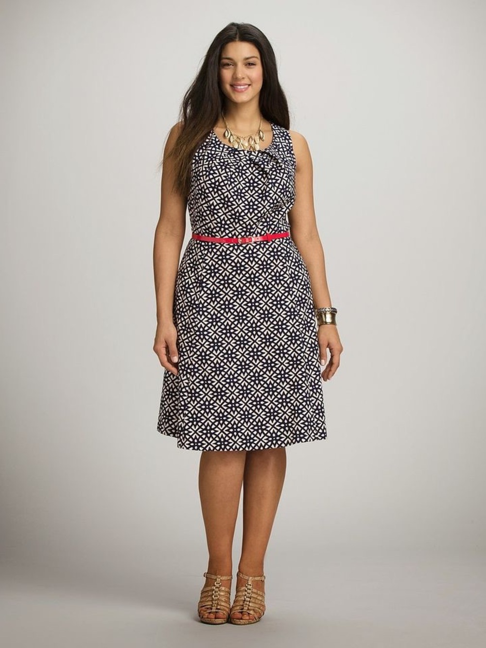 Roz & Ali Patterned Midi Dress with Red Belt Sz 20
